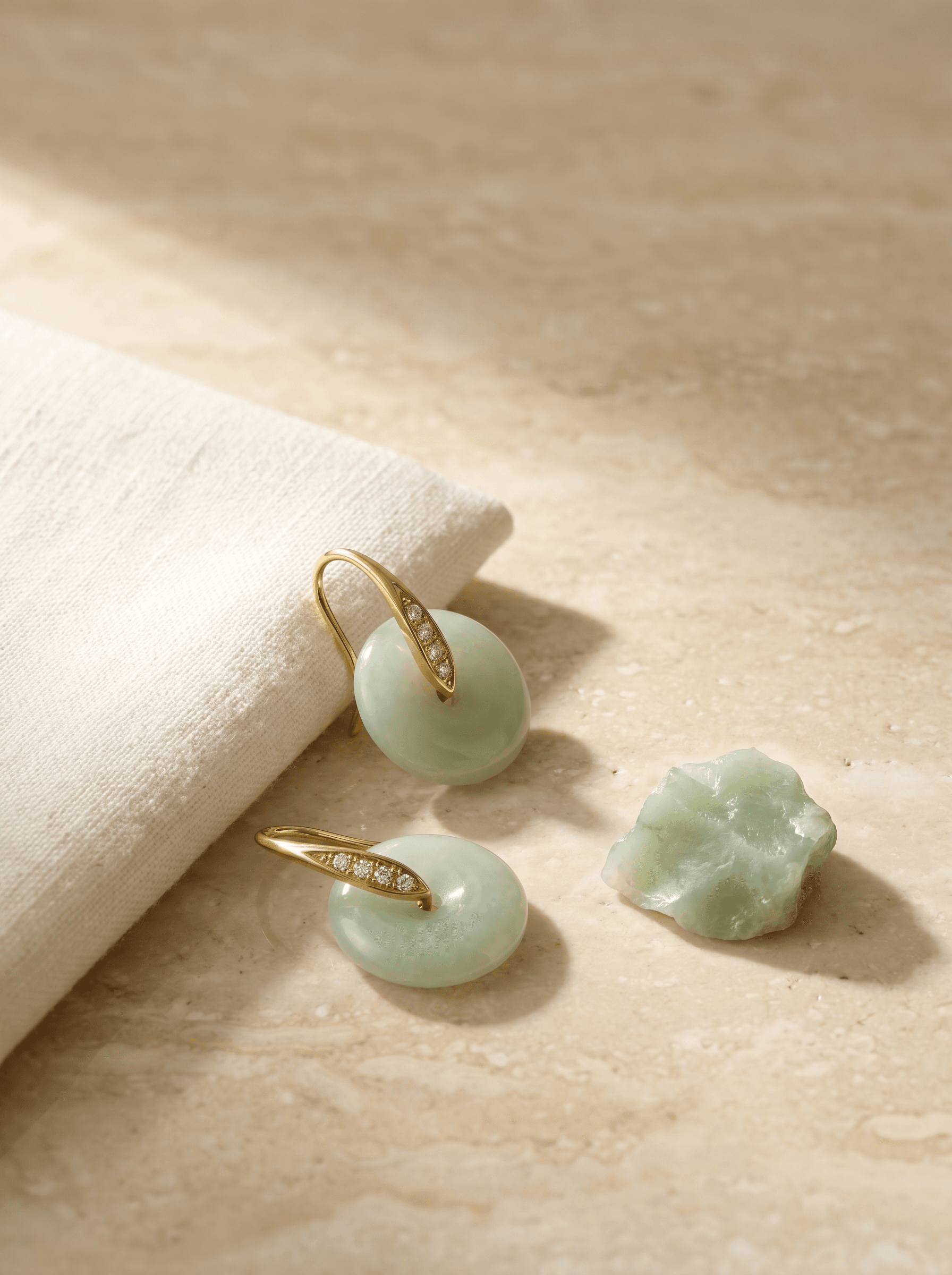 Natural jade jewellery arranged on warm stone.